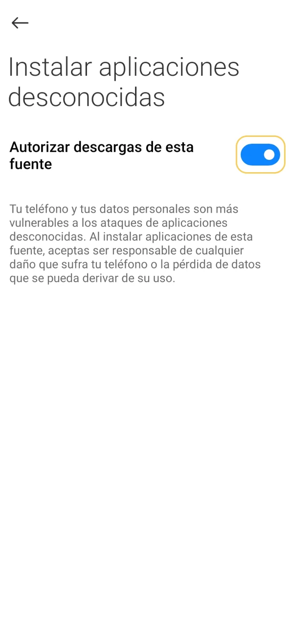 Habilita fuentes desconocidas para finalizar la instalación de la app Megapari.