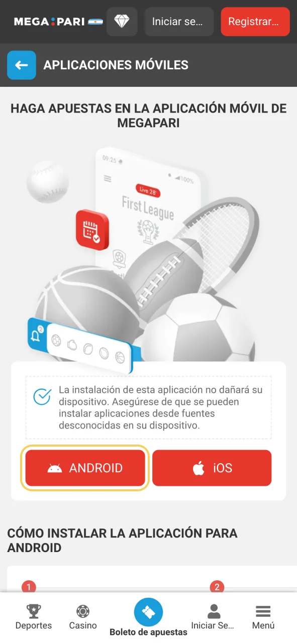 Haz clic en el botón Android en Megapari y confirma la descarga.
