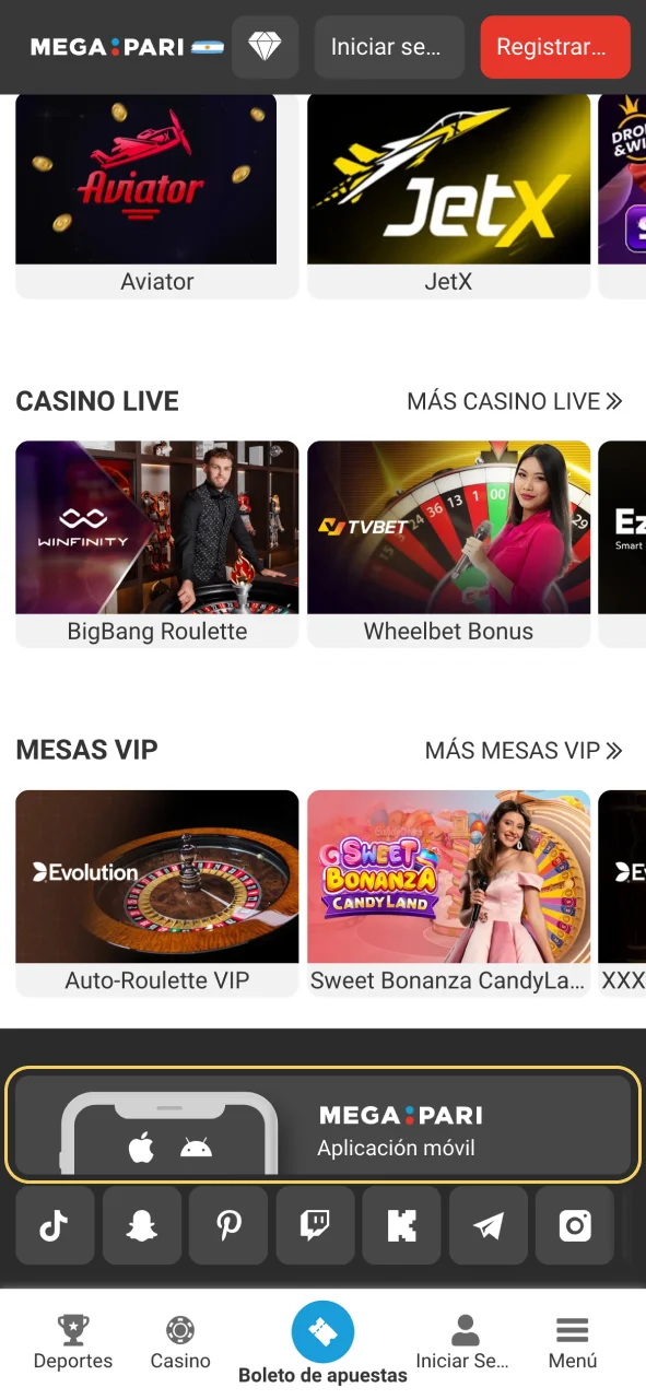 Abre Megapari y accede a la sección de la app con un clic.