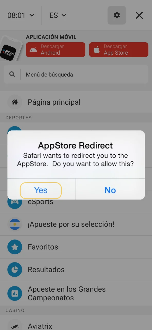 Visita Megapari y selecciona la opción iOS en la sección de la app.