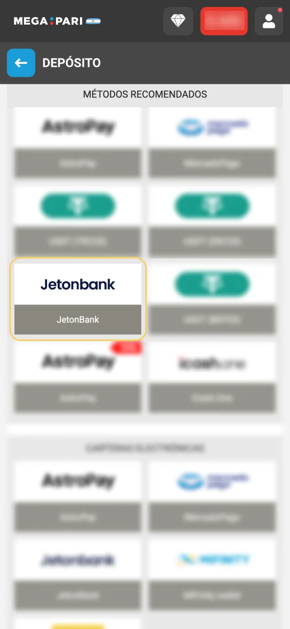 Selecciona tu método de pago en Megapari y comienza a depositar.