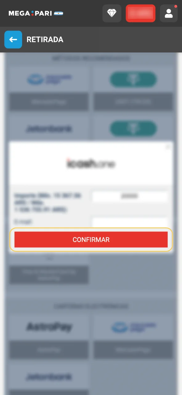 Confirma tu retiro en Megapari y completa la transacción.