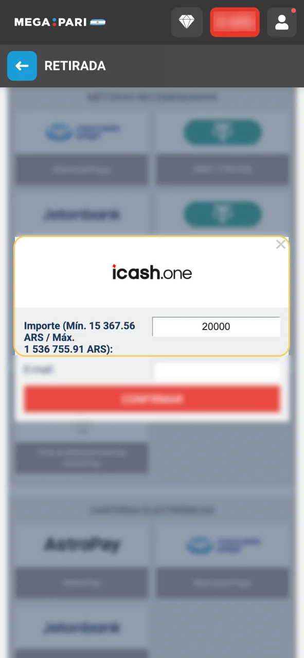Especifica el monto a retirar en Megapari y completa los datos requeridos.