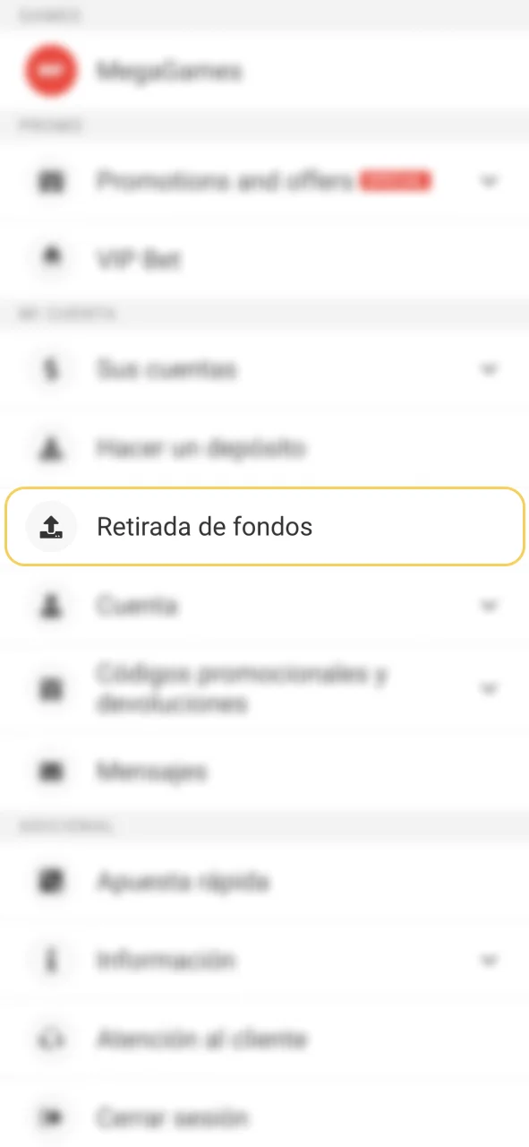 Navega en Megapari y selecciona Retirar fondos para empezar.