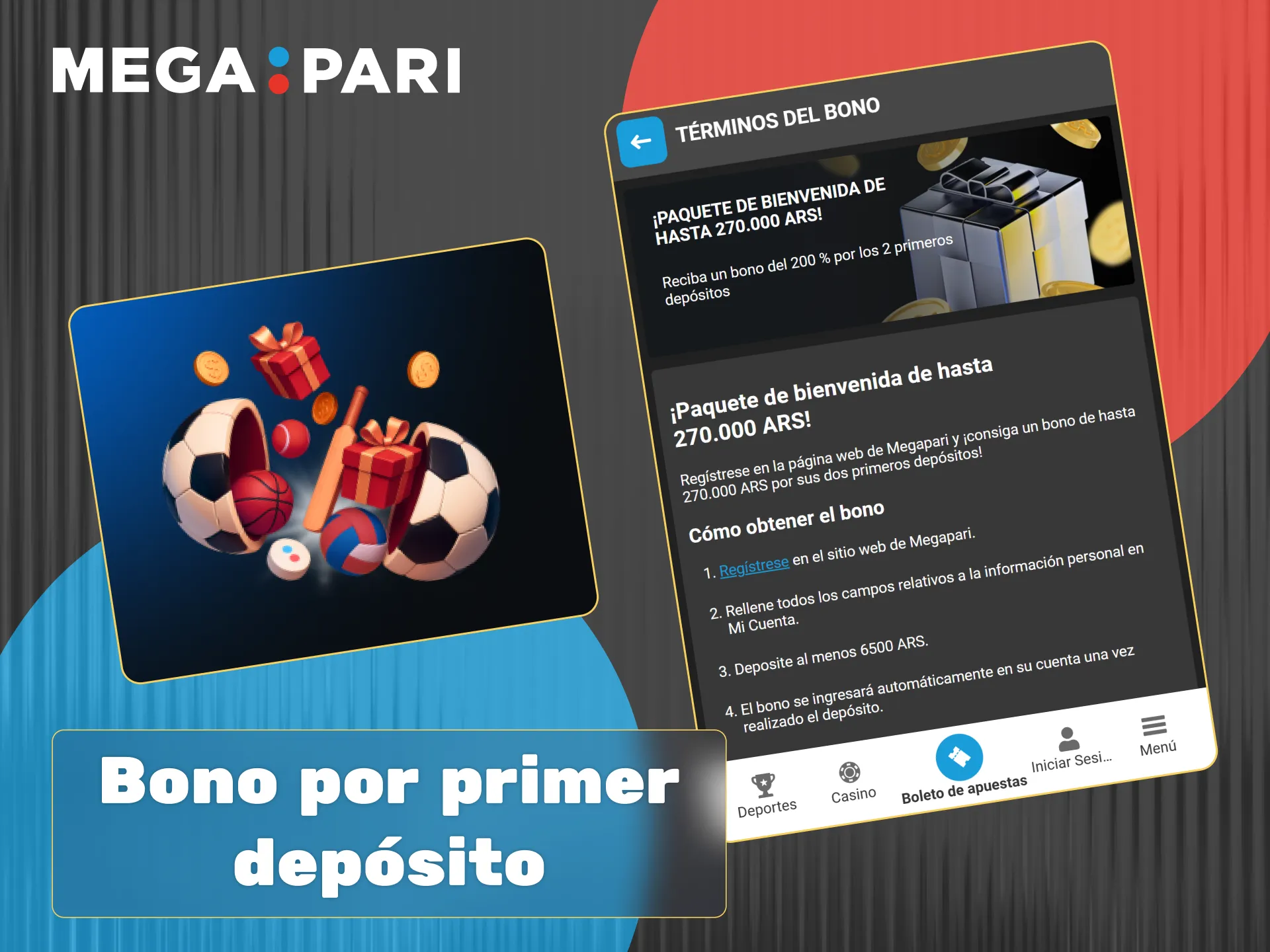 Consigue el bono deportivo de Megapari de hasta 270.000 ARS dividido en tus dos primeros depósitos.