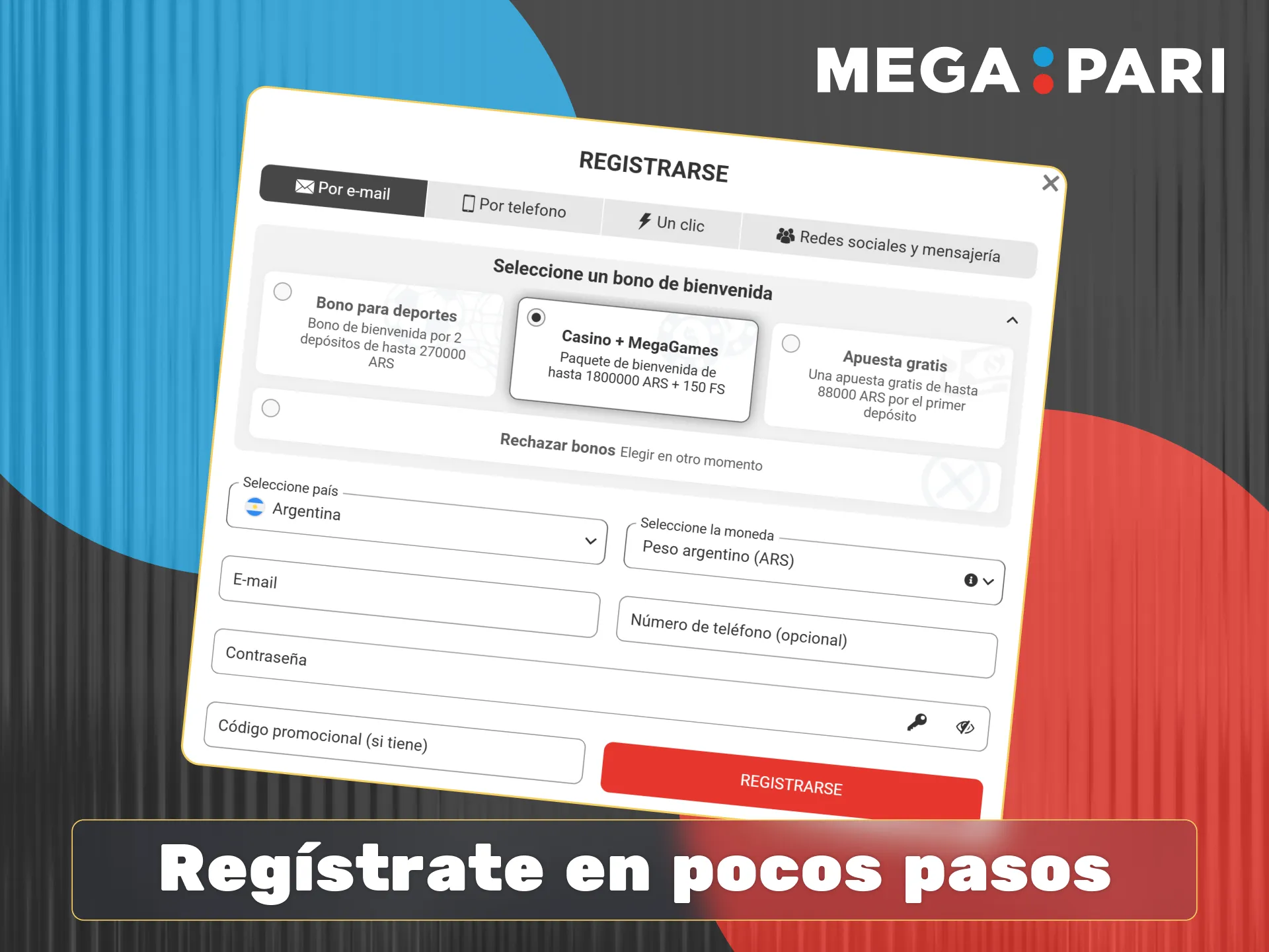 Regístrate en Megapari usando tu teléfono, correo electrónico o redes sociales en pocos y sencillos pasos.
