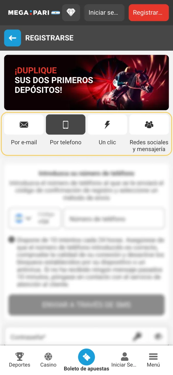 Elige tu método de registro en Megapari y envía tu número por SMS.