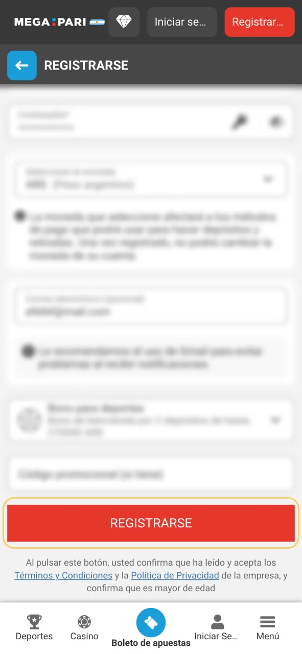 Finaliza tu registro en Megapari, toca el botón Registrarse.