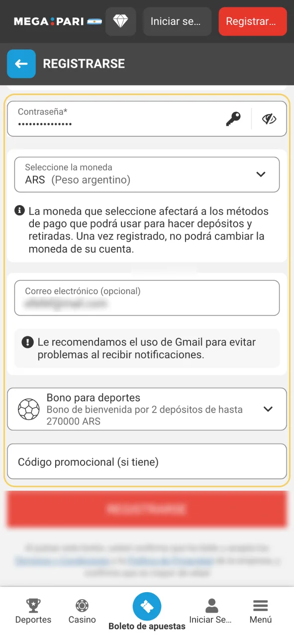 Configura tu moneda en Megapari, escribe tu correo y elige tu bono de bienvenida.