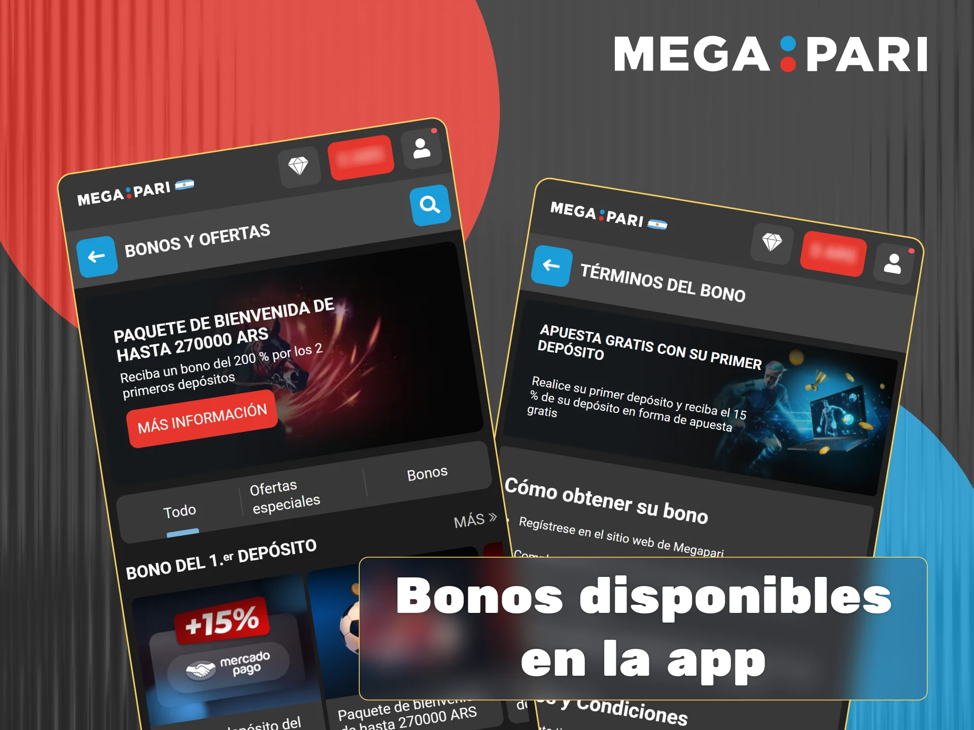 Reclama los bonos de bienvenida de Megapari de hasta 270.000 ARS para deportes o 1.800.000 ARS para casino en la aplicación.