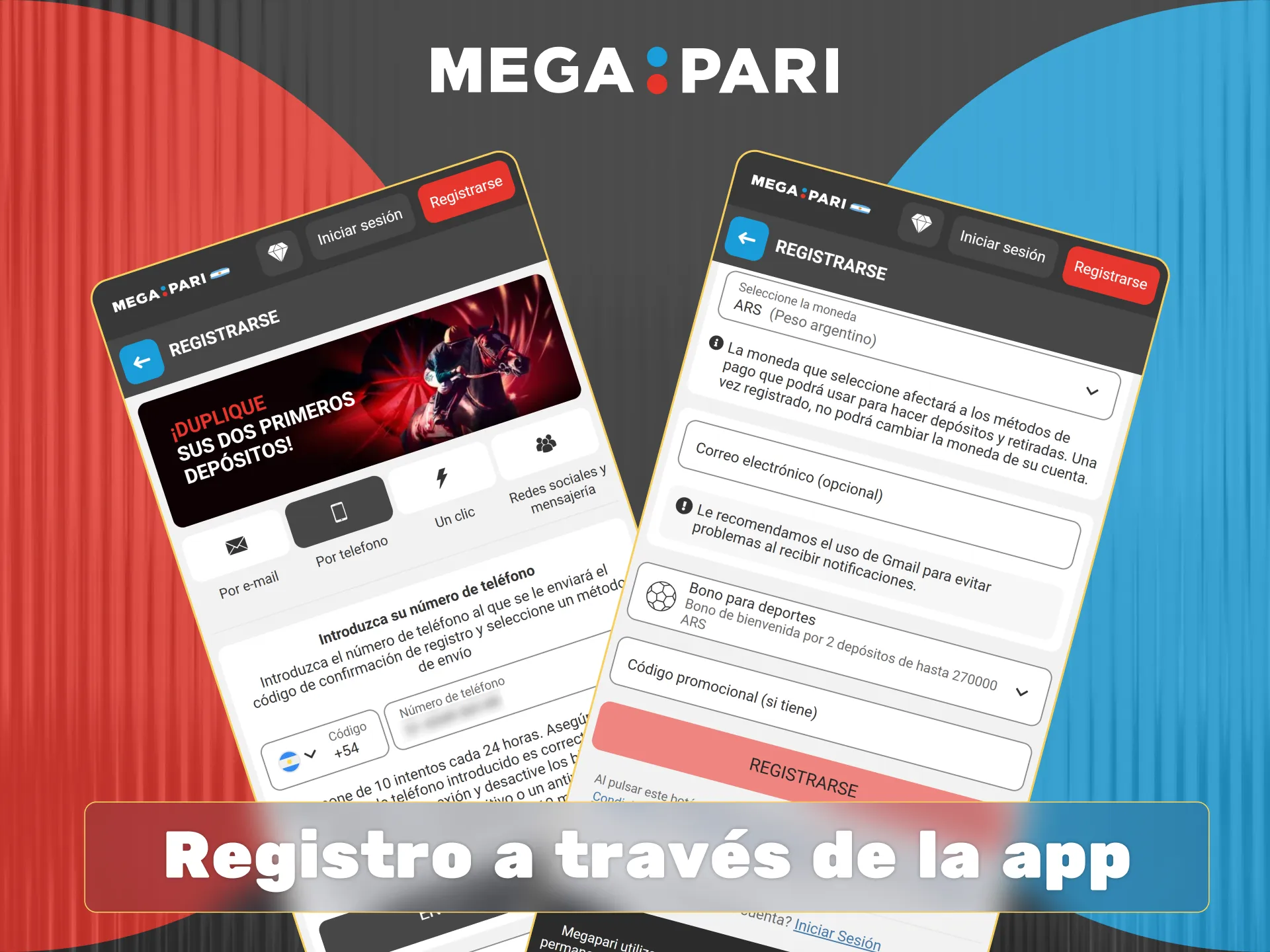Regístrate fácilmente en la aplicación de Megapari seleccionando tu método y eligiendo tu bono de bienvenida.