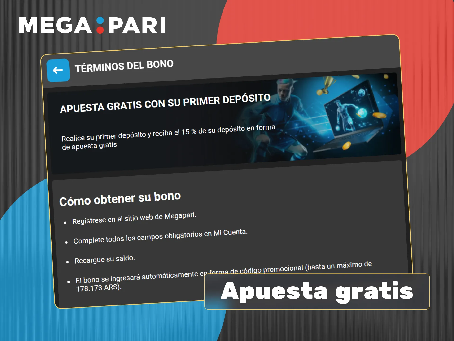 Obtén un quince por ciento de tu depósito en forma de apuesta gratis con un tope de 170.000 ARS en Megapari.