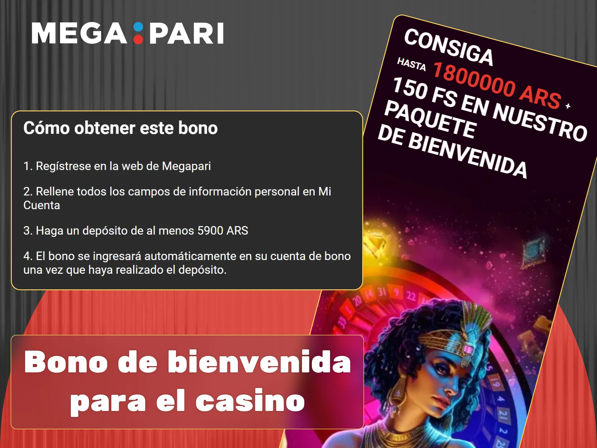 Reclama el bono de bienvenida del casino Megapari de hasta 1.800.000 ARS más 150 giros gratis.