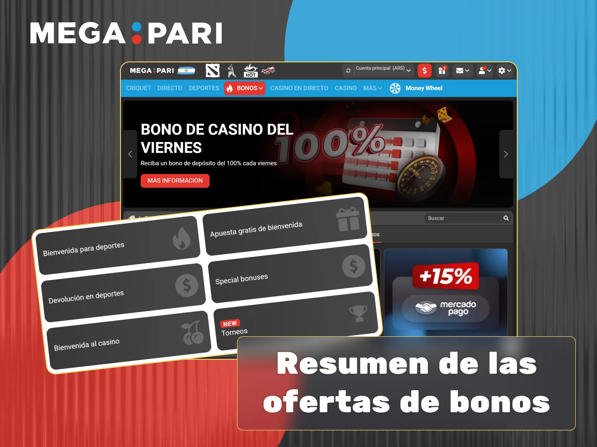 Explora el amplio catálogo de más de veinte bonos de Megapari y únete al exclusivo programa VIP.