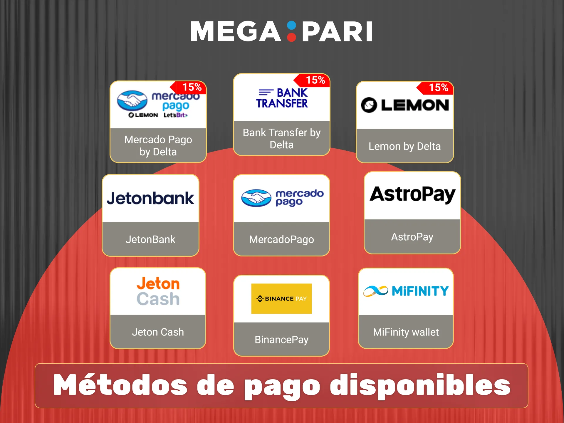 Megapari ofrece una gran variedad de métodos de pago en Argentina, incluyendo Mercado Pago, transferencia bancaria y criptomonedas.