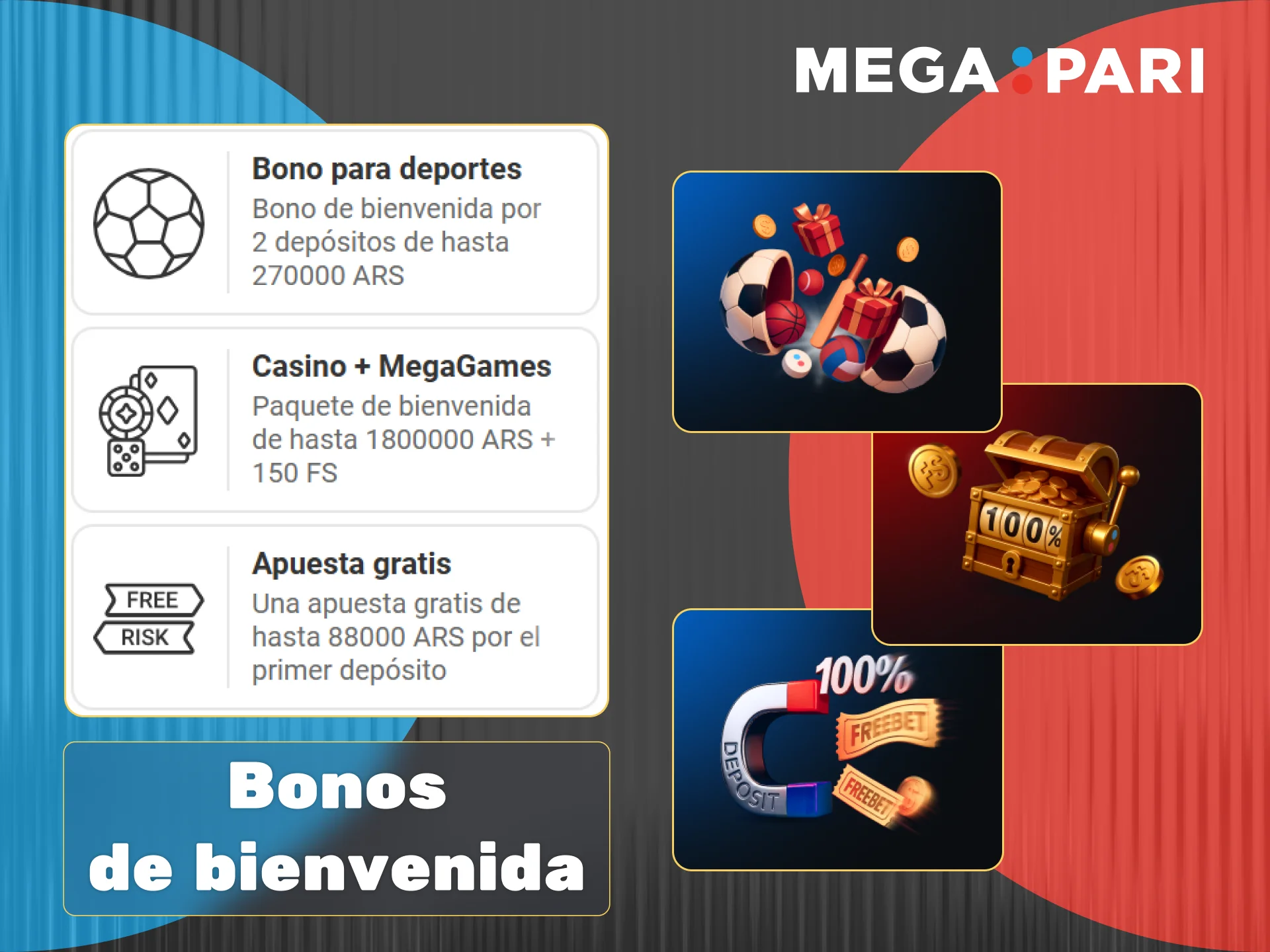 Elige tu bono de bienvenida de Megapari entre la opción deportiva, la apuesta gratis y el gran paquete de casino.