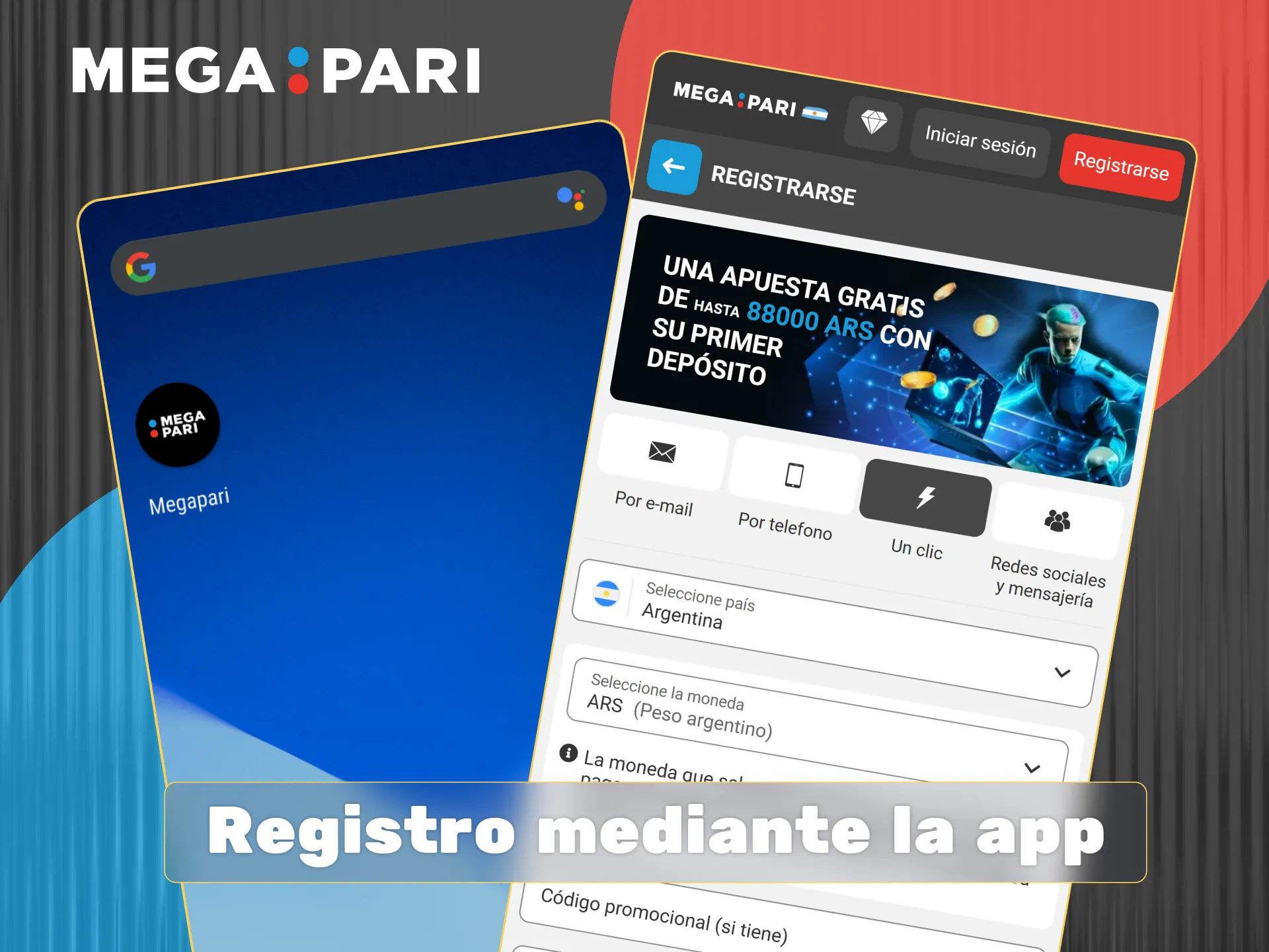 Instala la aplicación de Megapari en tu móvil para registrarte fácilmente eligiendo tu método y seleccionando tu bono.