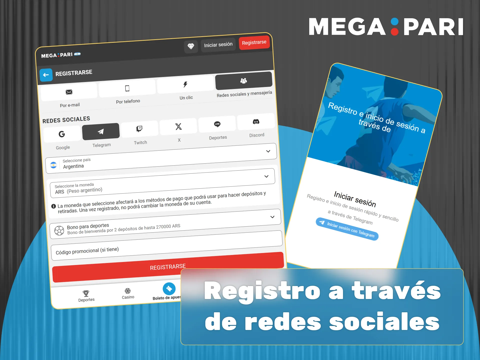 Regístrate en Megapari usando tu cuenta activa de redes sociales o mensajería instantánea como Telegram.